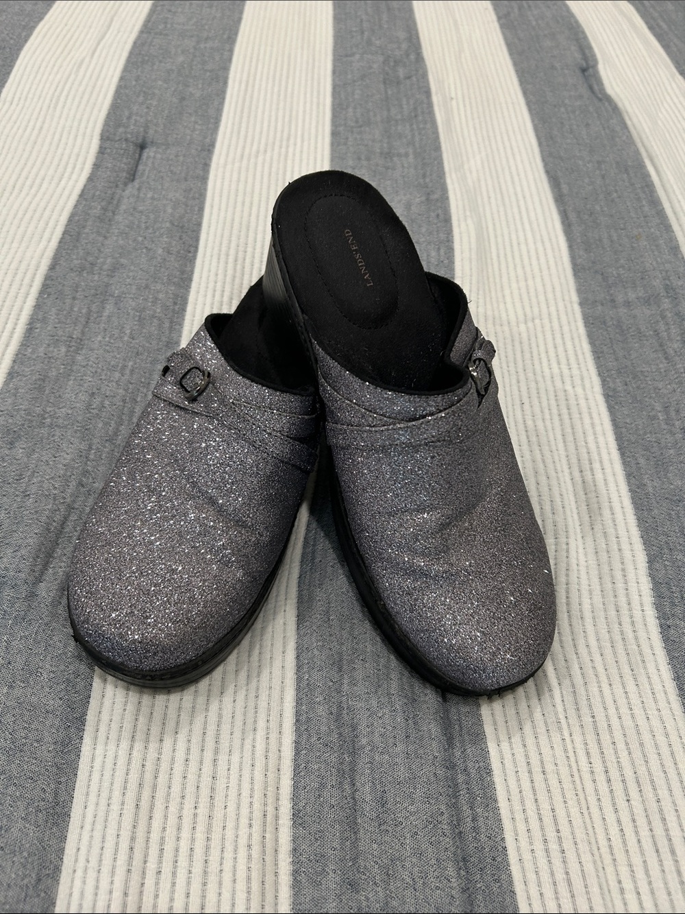 Lands’ End silver sparkle clogs